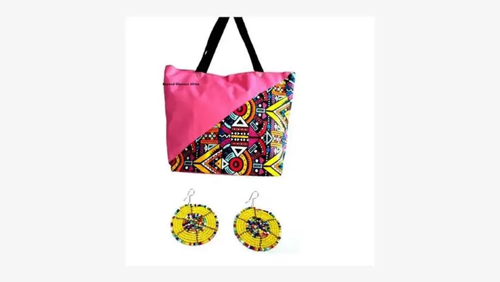 Womens Pink Ankara canvas handbag with earrings